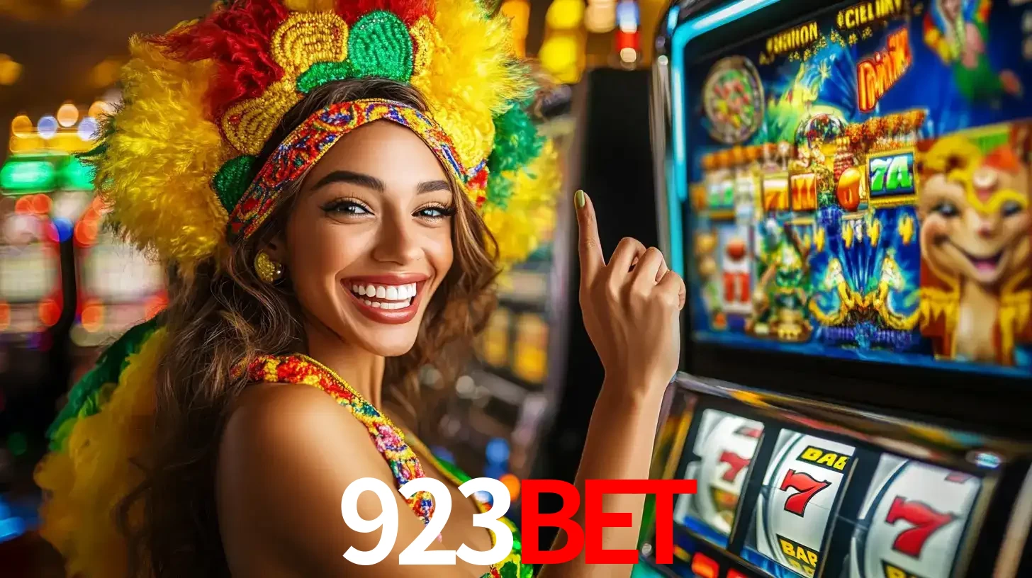 Mulher animada com um cocar de carnaval apontando para uma máquina de caça-níqueis, mostrando a emoção de ganhar um grande prêmio nos jogos do 923BET.