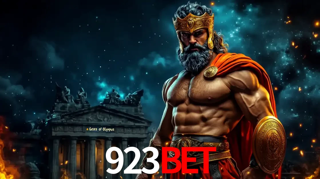 O poderoso Zeus do jogo de slot Gates of Olympus em frente ao seu templo, pronto para lançar multiplicadores divinos e prêmios épicos no cassino online 923BET.