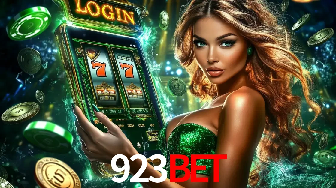 Mulher com tema verde apresentando o aplicativo do cassino 923BET com um jogo de slot de 777, cercada por fichas de cassino e uma aura de sorte.