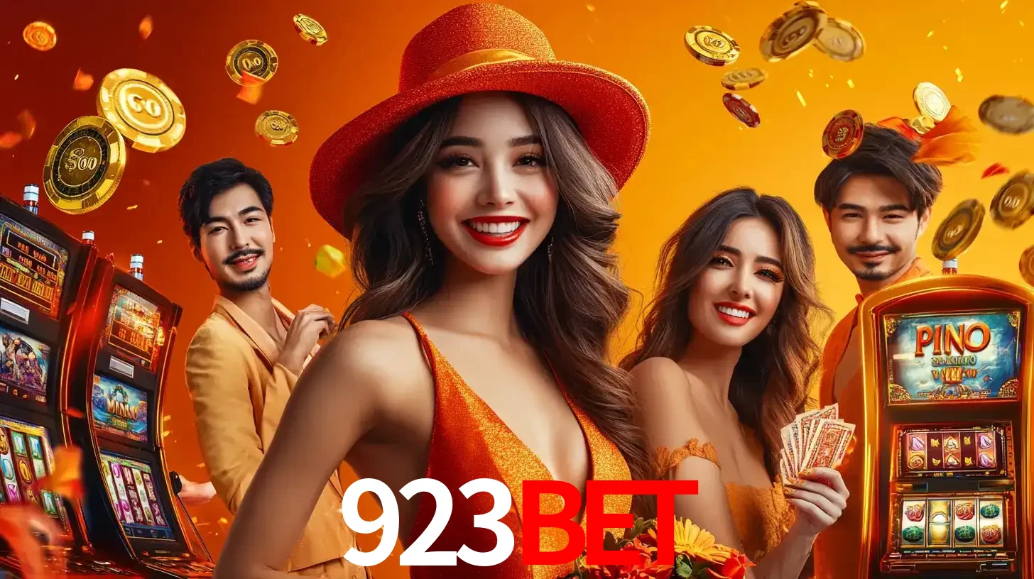 Grupo de amigos asiáticos sorrindo e se divertindo com máquinas de caça-níqueis em um ambiente festivo, celebrando suas vitórias nos jogos de cassino do 923BET.