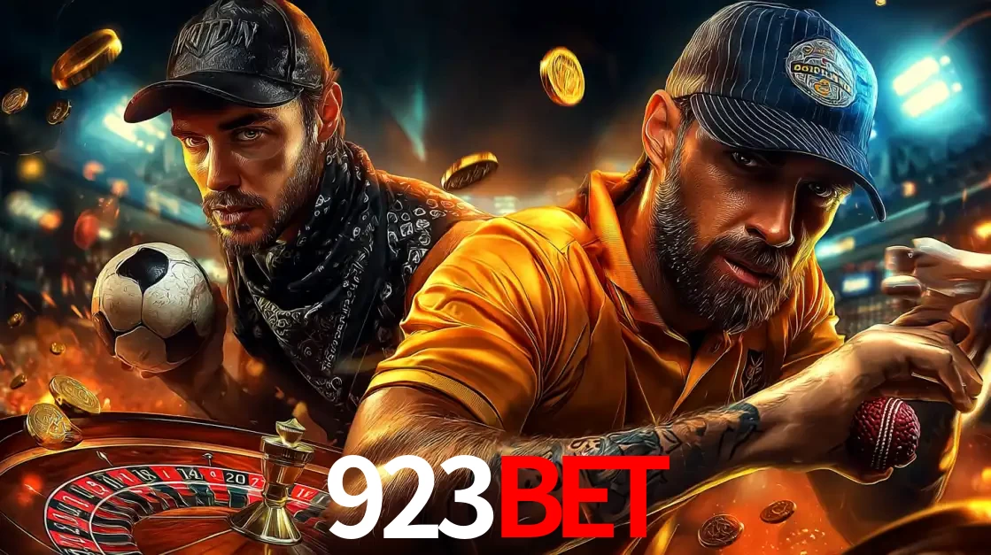 Montagem de apostas esportivas e cassino no 923BET, com um homem segurando uma bola de futebol e outro uma de beisebol sobre uma roleta e moedas voadoras.