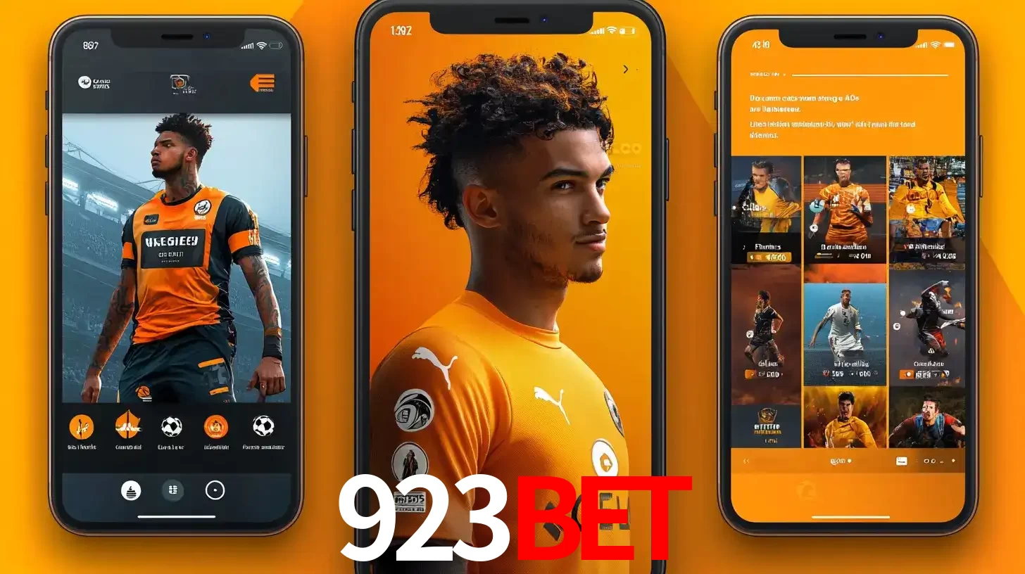 Interface do aplicativo de apostas esportivas 923BET em três telas de celular, mostrando o perfil de um jogador de futebol e a lista de jogos disponíveis para apostar.