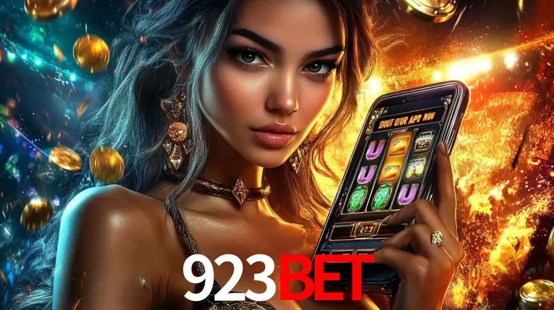 Mulher elegante mostrando um jogo de caça-níqueis em seu smartphone, destacando a experiência de cassino móvel oferecida pelo aplicativo 923BET.