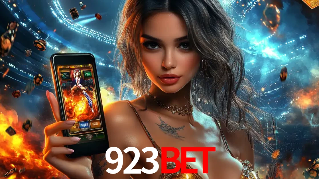 Mulher segurando um celular com um jogo de slot em destaque, tendo como fundo um estádio vibrante, simbolizando a emoção de jogar no cassino móvel 923BET.