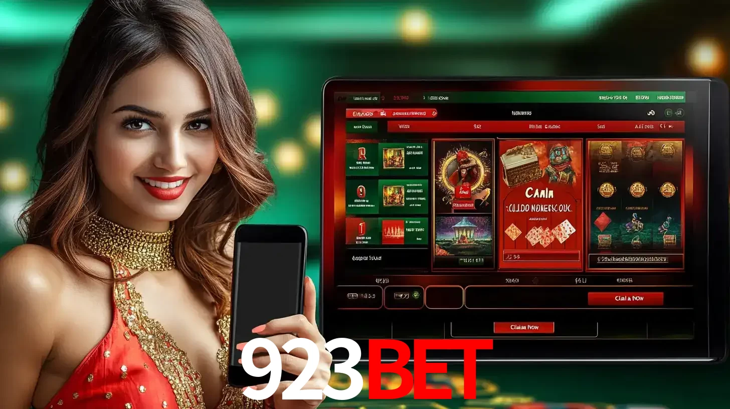 Mulher sorridente segurando um smartphone, ao lado de uma tela exibindo o lobby de jogos do cassino online 923BET, com várias opções de jogos de cartas e slots.